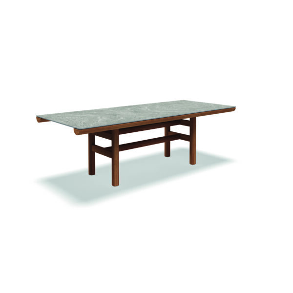 Studio image of Gloster Rail small teak dining table with Grigio ceramic top