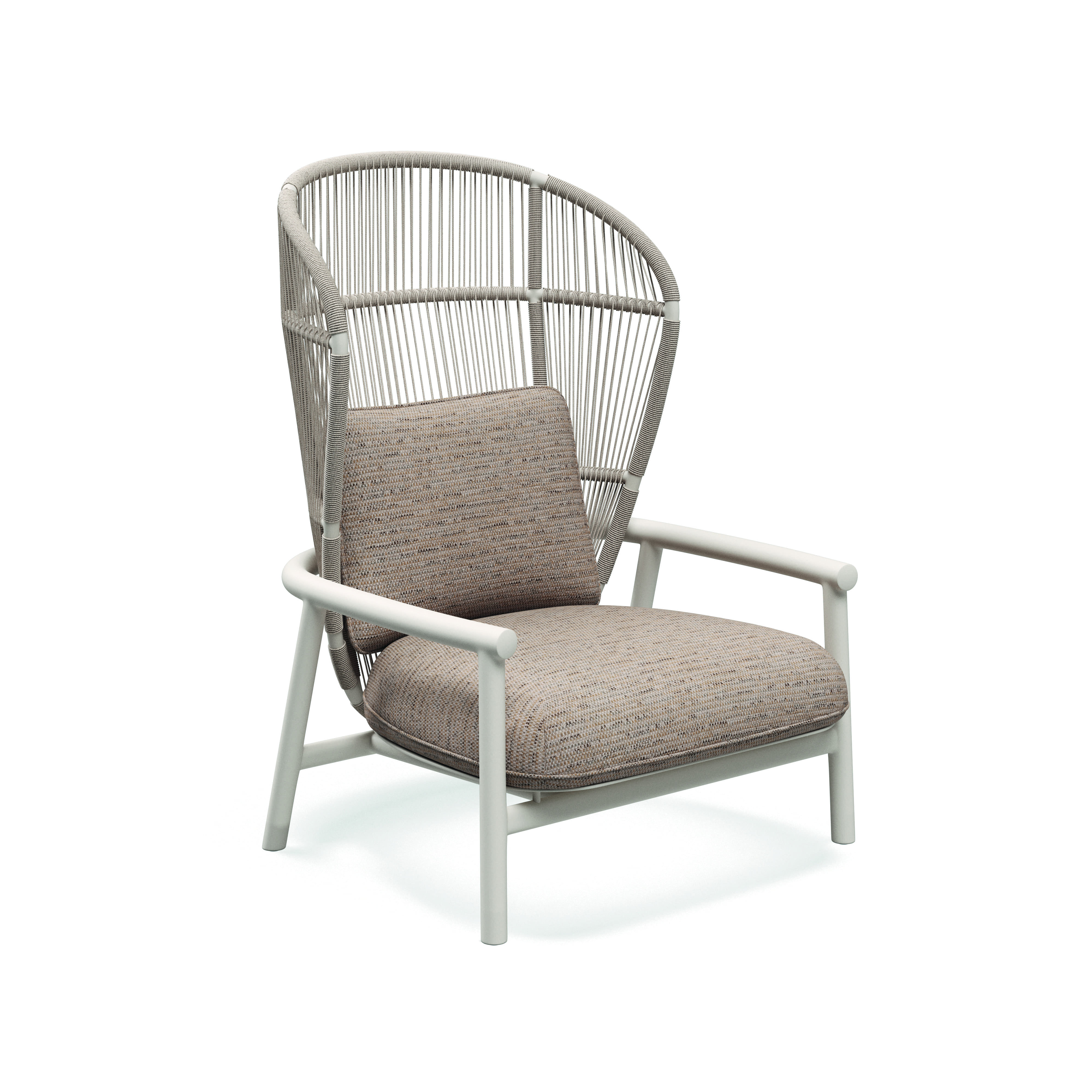 Studio image of Gloster Fern aluminium lounge chair with high back in bone and dune colour combination