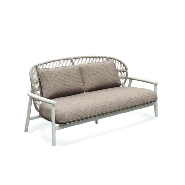 Studio image of Gloster Fern 2 seater aluminium sofa with low back in bone and dune finish