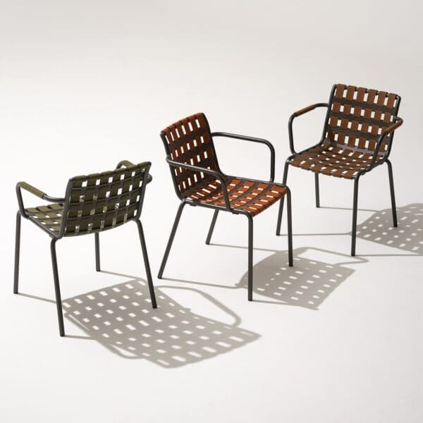 Studio image of 3 Erice garden chairs by RODA in different finishes
