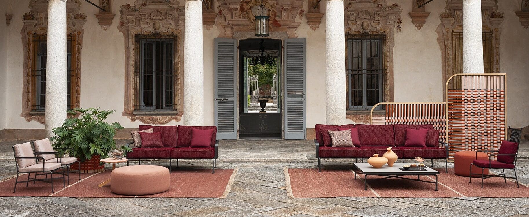 Image of RODA Stresa exterior sofas and lounge chairs in classical Italian surroundings