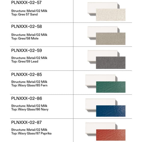 Image of Milk frame finish swatches and Gres ceramic and wavy glass swatches used for RODA luxury outdoor furniture