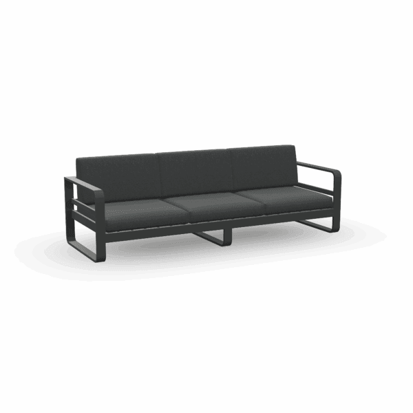 Studio image of Reno 3 seat aluminium garden sofa in mat charcoal finish by Jati Kebon