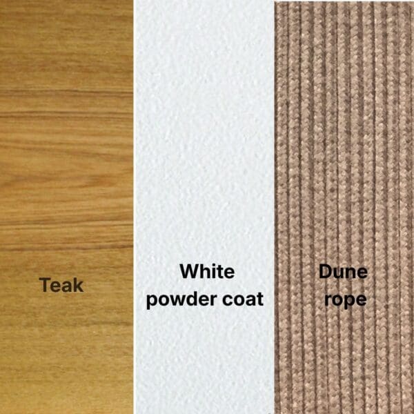 Image of swatch of eak, white and Dune rope used for Gloster Fern furniture