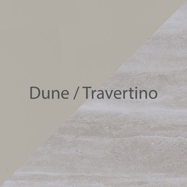 Image of swatch of Dune powder coat and Travertine ceramic finishes used by Jati Kebon garden furniture