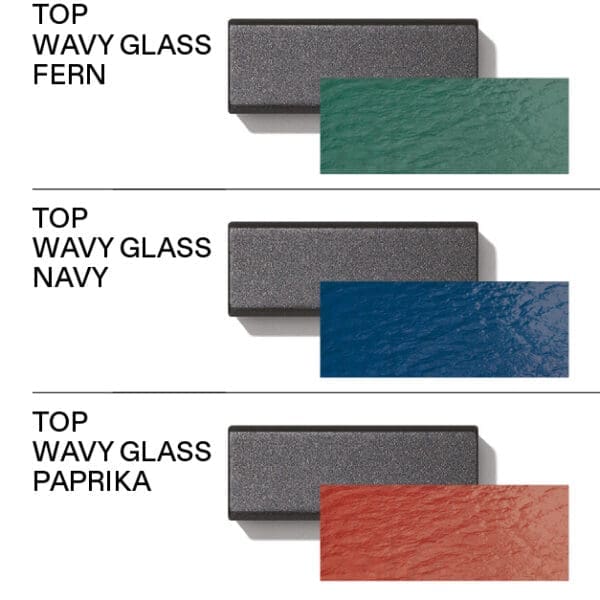Image of swatches of different Wavy Glass finishes for Roda Stresa garden dining table