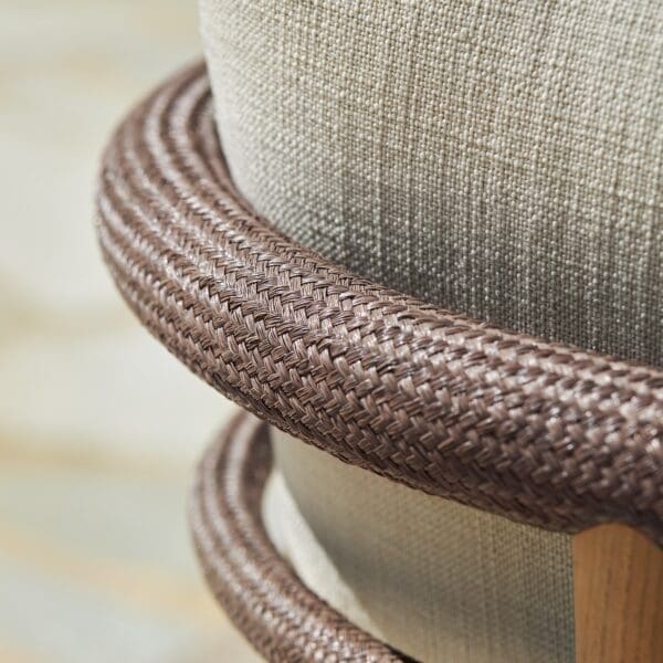 Image of detail of the curved teak and Batyline backrests for Archy lounge furniture by Royal Botania