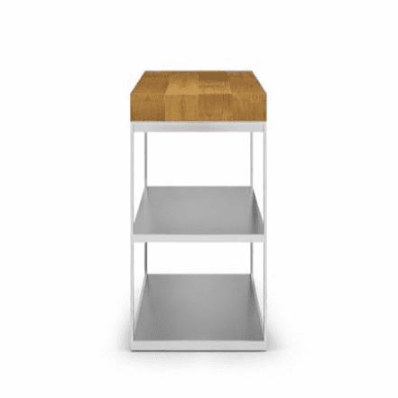 Studio image of Roshults Wood Oven sideboard in brushed stainless steel with teak chopping board