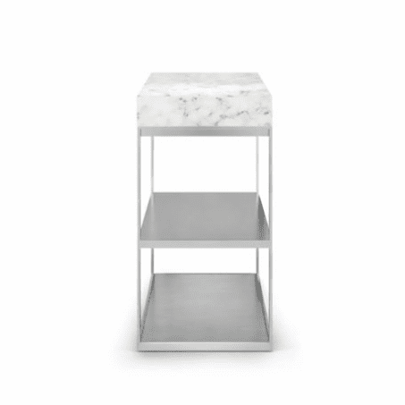 Studio image of Roshults Wood Oven sideboard in brushed stainless steel with white marble chopping board