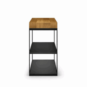 Studio image of Roshults Wood Oven sideboard in anthracite stainless steel with teak chopping board