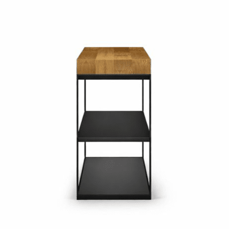 Studio image of Roshults Wood Oven sideboard in anthracite stainless steel with teak chopping board