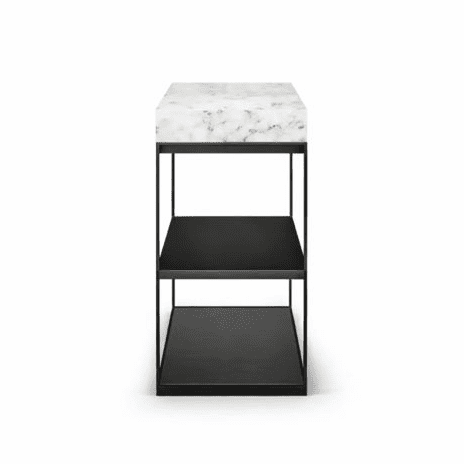 Studio image of Roshults Wood Oven sideboard in anthracite stainless steel with white marble chopping board