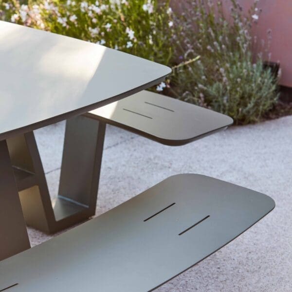 Image of detail of Squadro square picnic table's aluminium table and bench seats by Jati Kebon