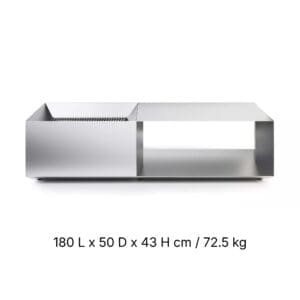 Studio image of Roshults Brazier stainless steel fire pit with dimensions shown beneath