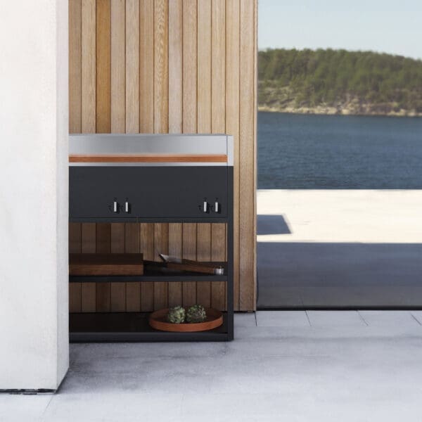 Image of Roshults Essentials gas bbq with shelf in Beluga Black stainless steel