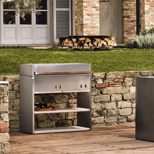 Image of Roshults Essentials gas barbeque with shelf in brushed stainless steel