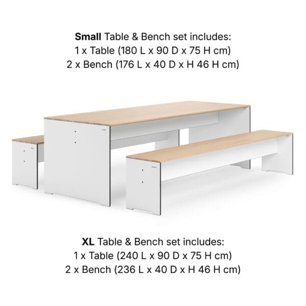 Studio image of Conmoto RIVA modern table and benches in HPL and oak