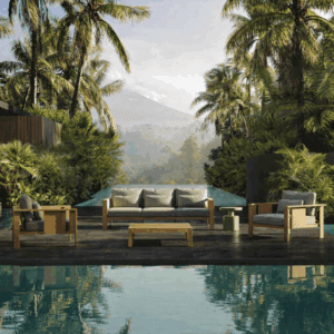 Image of Oiside Beam iroko lounge furniture with lush tropical backdrop