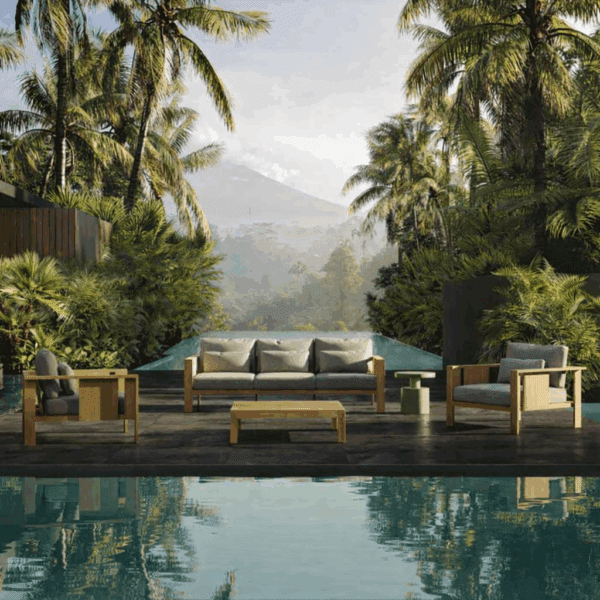 Image of Oiside Beam iroko lounge furniture with lush tropical backdrop