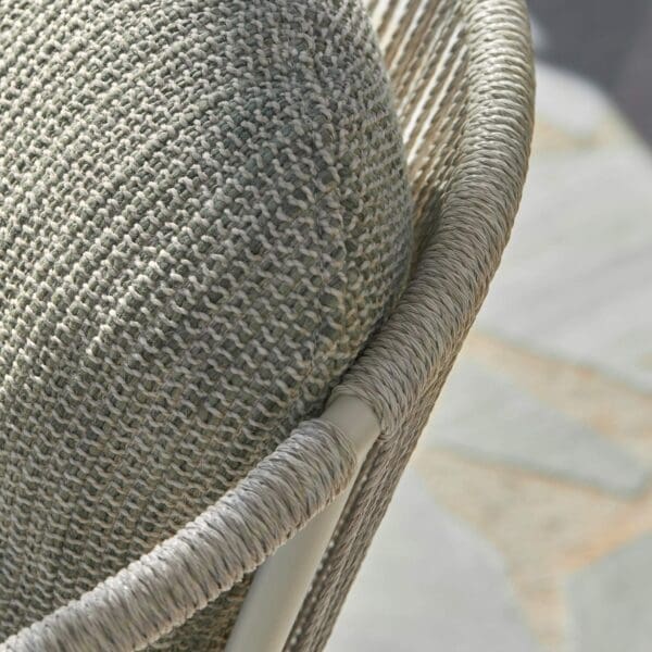 Image of detail of Royal Botania Cordiz chair's Olefin fibre back and powder coated stainless steel frame