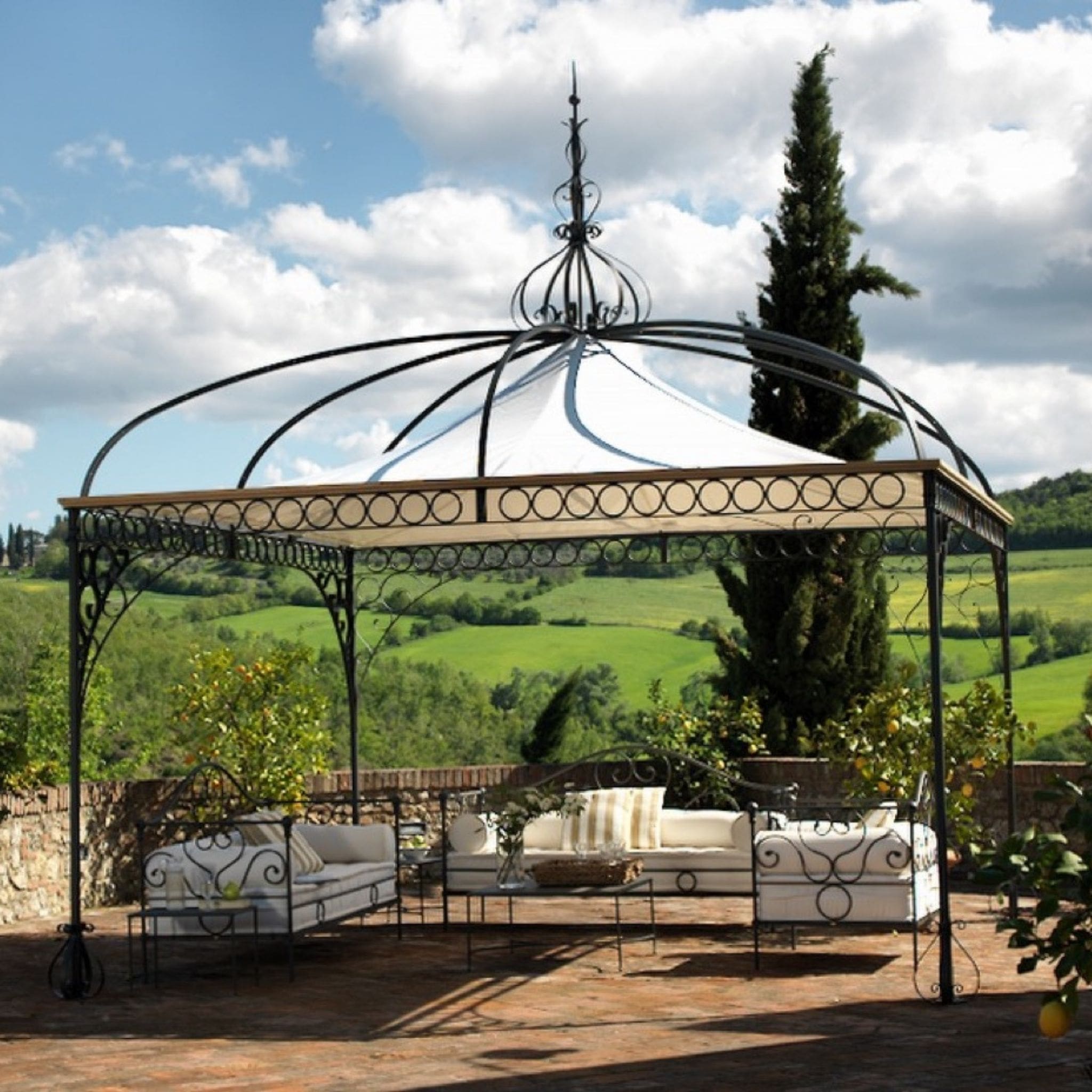 Image of Unopiu Tibisco pavilion classic steel pergola  fitted with optional waterproof canopy and optional decorative spandrels