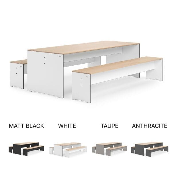 Studio image of different colour finishes of Conmoto RIVA minimalist table and benches in HPL and oak