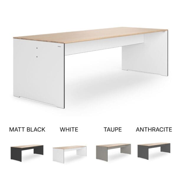 Studio image of different colour finishes of Conmoto RIVA modern dining table in High Pressure Laminate with oak top