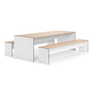 Studio image of Conmoto RIVA table and benches in white HPL and oak