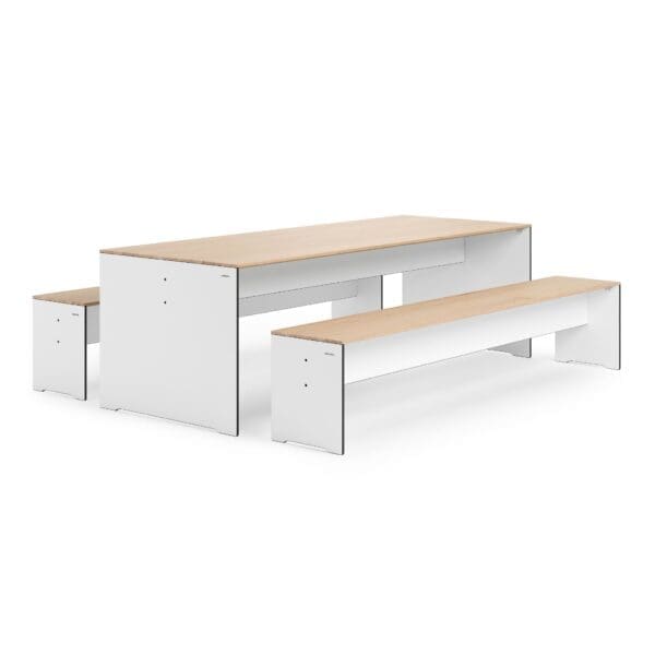 Studio image of Conmoto RIVA table and benches in white HPL and oak