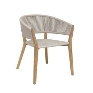 Studio image of Royal Botania Cares teak dining chair with desert olefin rope back