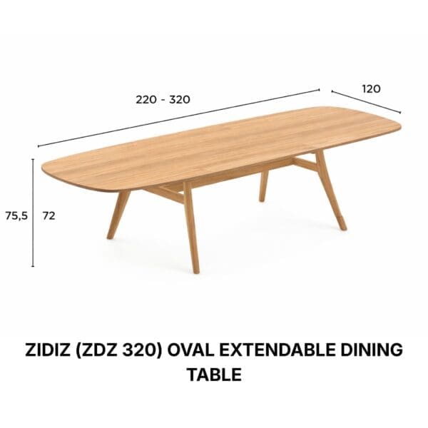 Line drawing of Royal Botania Zidiz 320 extendable teak garden dining table