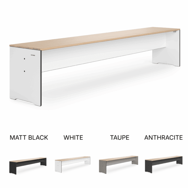Studio image of different colour finishes of Conmoto RIVA modern bench seat in HPL and oak