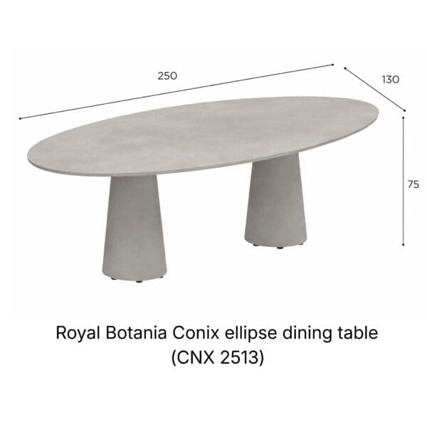 Studio image of Coniz 2513 ellipse table with dimensions
