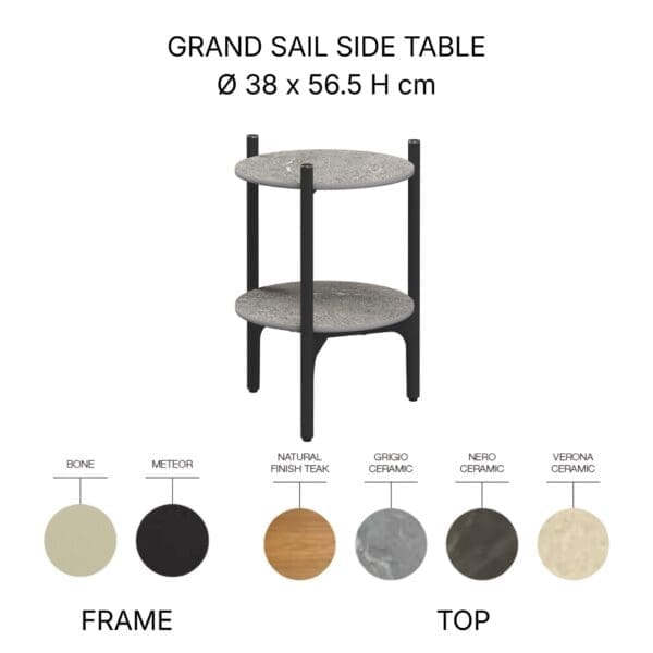 Studio image of Gloster Grand Sail side table and different finish options