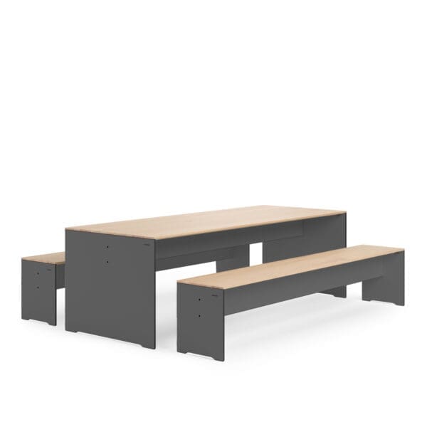 Studio image of Conmoto Riva modern indoor table & bench set in anthracite HPL & oak
