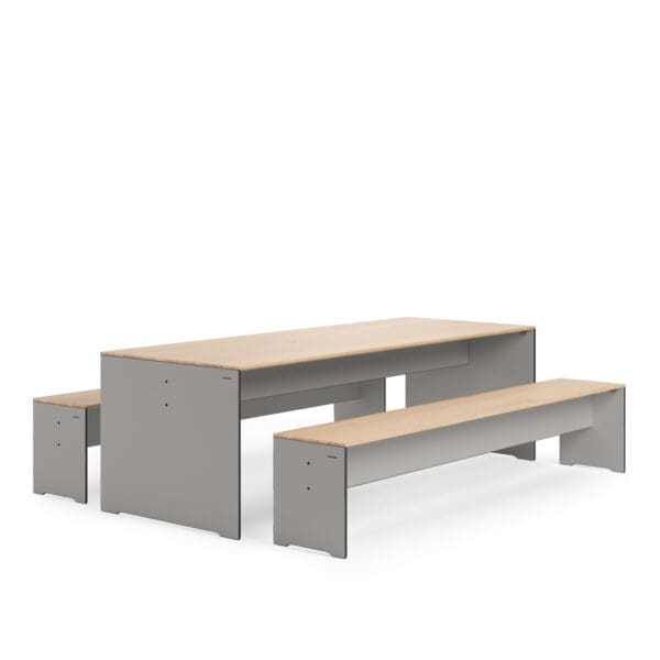Studio image of Conmoto Riva modern indoor table and benches in taupe HPL and oak