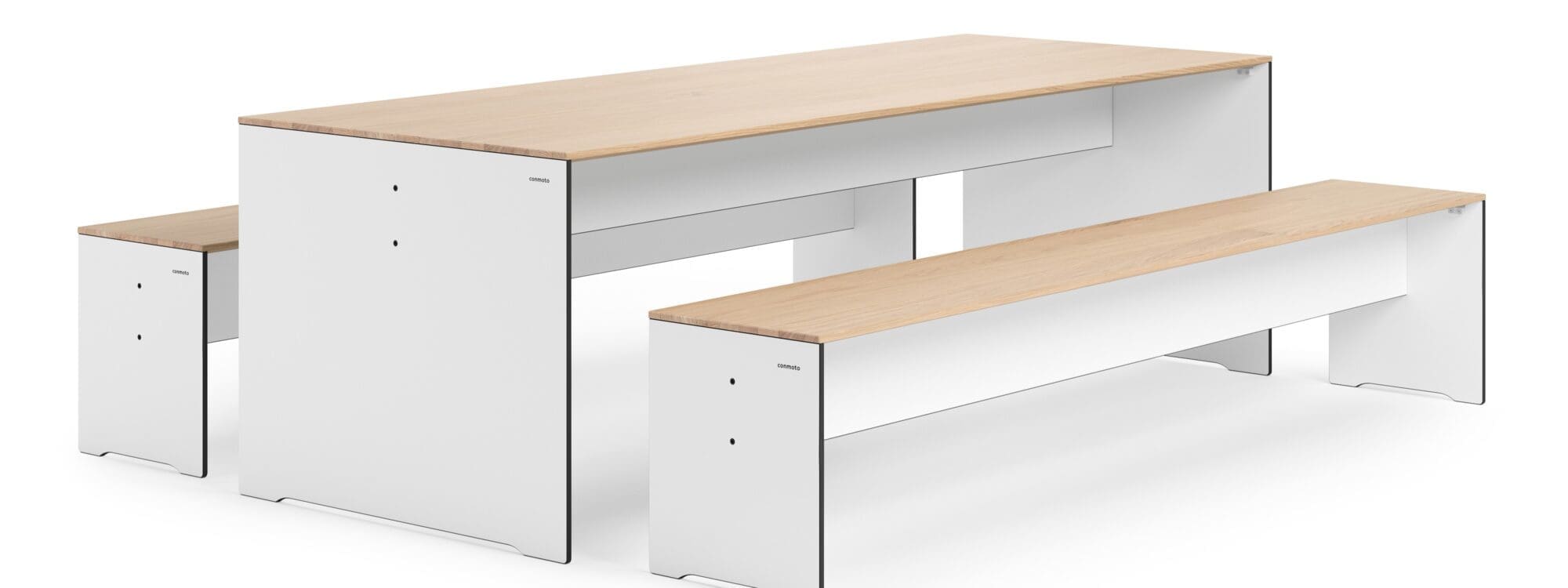 Studio image of Conmoto RIVA table and benches in HPL and oak