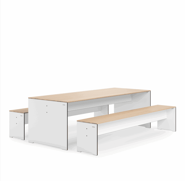 Studio image of Conmoto Riva minimalist dining table and benches in white HPL and oak