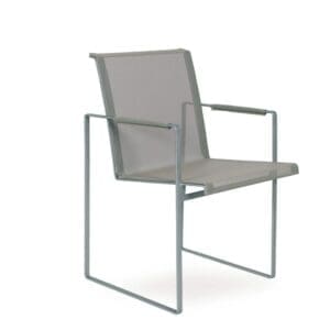 Studio image of FueraDentro Sillon armchair in brushed stainless steel and Cendre Batyline
