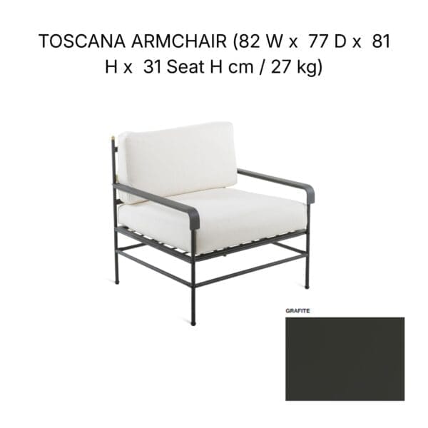 Studio image of Unopiu Toscana lounge chair with dimensions given