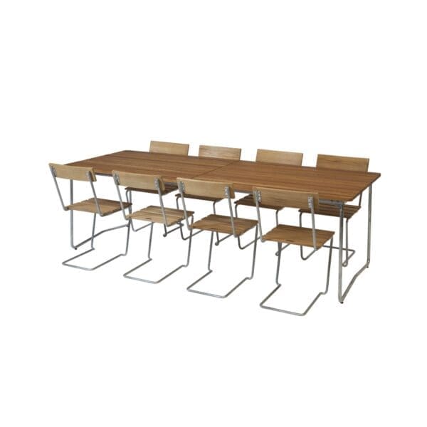 Studio image of Grythyttan Stahlmobler Chair 1 and Classic Table B31 230 in hot galv and teak