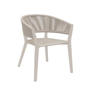 Studio image of Cares garden dining chair in Pebble aluminium with Desert fiber back by Royal Botania