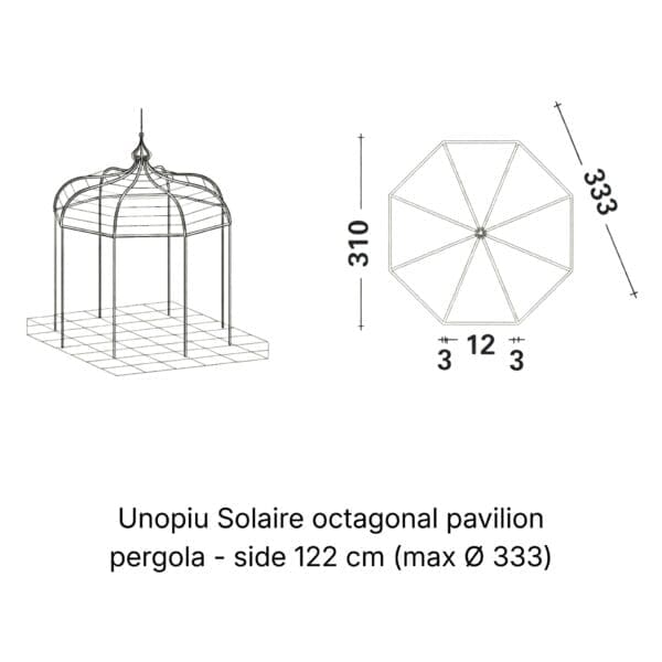 Line drawing of Unopiu Solaire octagonal pergola