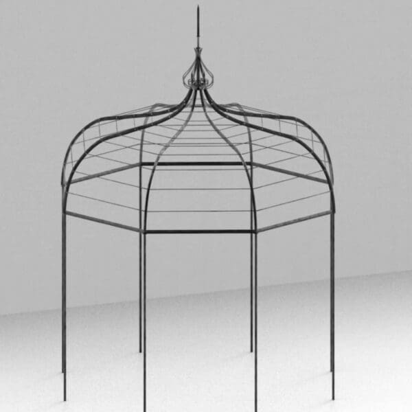 Studio image of Unopiu Solaire octagonal garden pavilion in graphite steel with classic finial on the top