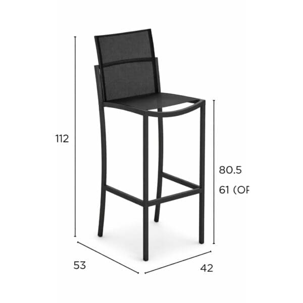 Studio image of Royal Botania O-ZON bar chair OZN 43T with dimensions