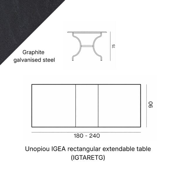 Line drawing of Unopiu Igea rectangular extendable iron table