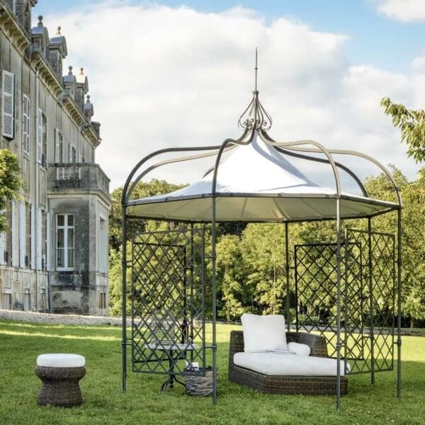 Image of Unopiu Solaire octagonal pavilion steel gazebo with waterproof ceiling outside palacial Italian surroundings